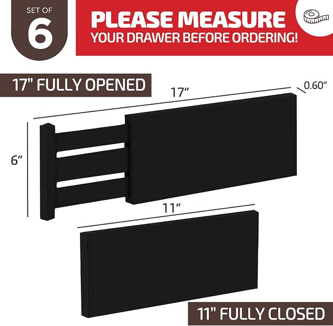 6 Pack Black Drawer Dividers - 6 Inch High for Deep Drawers, Adjustable 11.5 to 17 Inch Expandable Kitchen Drawer Organizer, Spring Loaded Dresser Separator for Clothes, Bedroom, Bathroom, Office - Image 7