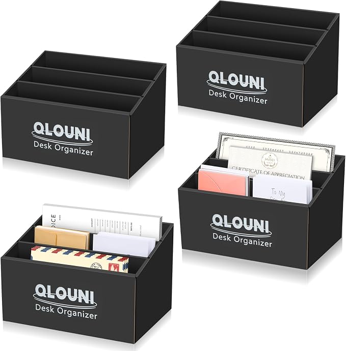 4 Pack Desktop Mail Organizer, 3-Compartment Stepped Mail Sorter for Desk, Letter Holder for Bills, Envelopes, Papers and Documents, Home Office, Reception, Entryway and Countertop, Dorms by QLOUNI