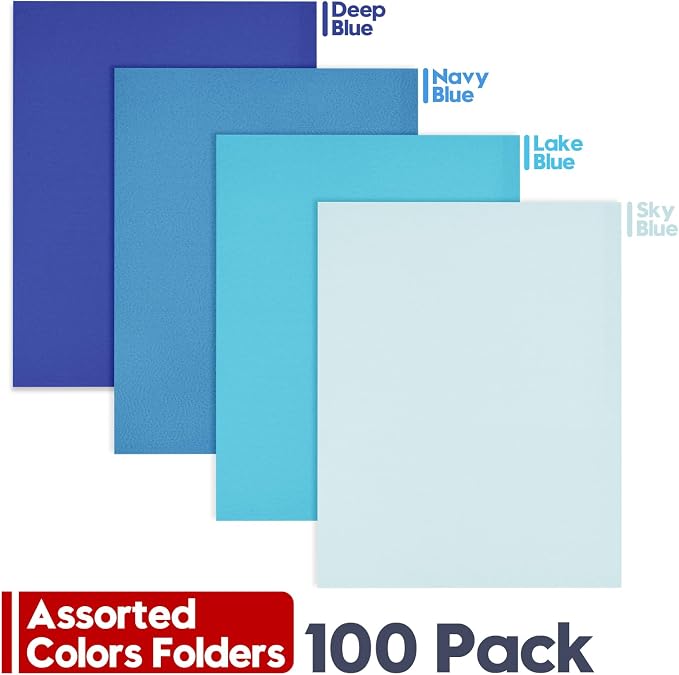 100 Pack 2 Pocket Folders, Letter Size 8.5" x 11" Folders with Business Card Slot, Durable Paper Bulk File Folders for Office, School, Presentation Home and Business Use, Blue Assorted - Image 4