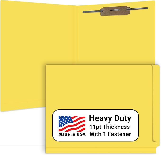 Yellow Medical File Folder, USA Made, Doctor Stuff, One 2" Bonded Fastener Top Right Position 1, Durable 11pt, Reinforced End Tab File Folders with Prong, Medical Charts/Patient Chart, 50/Box by DoctorStuff
