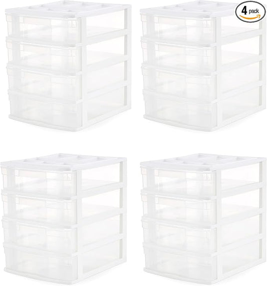 Gracious Living 4 Drawer Desktop & Countertop Organizer w/Organization Lid for Craft Storage, Office Supplies & School Supplies, White/Clear (4 Pack) by GraciousLiving