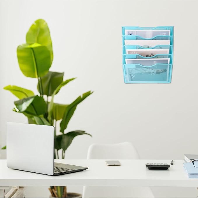 5 Pocket Mesh Hanging Wall File Organizer, Wall Mounted Mail Paper Document Folder Holder, Clipboard Storage Organization Magazine Rack with Nametag Label for Office Home School, Blue - Image 6