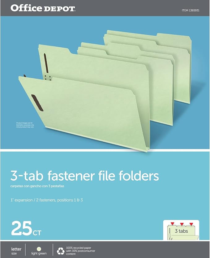 Office Depot® Brand Expanding Pressboard Folders with Fasteners, 1" Expansion, Letter Size, Green, Box of 25 - Image 2