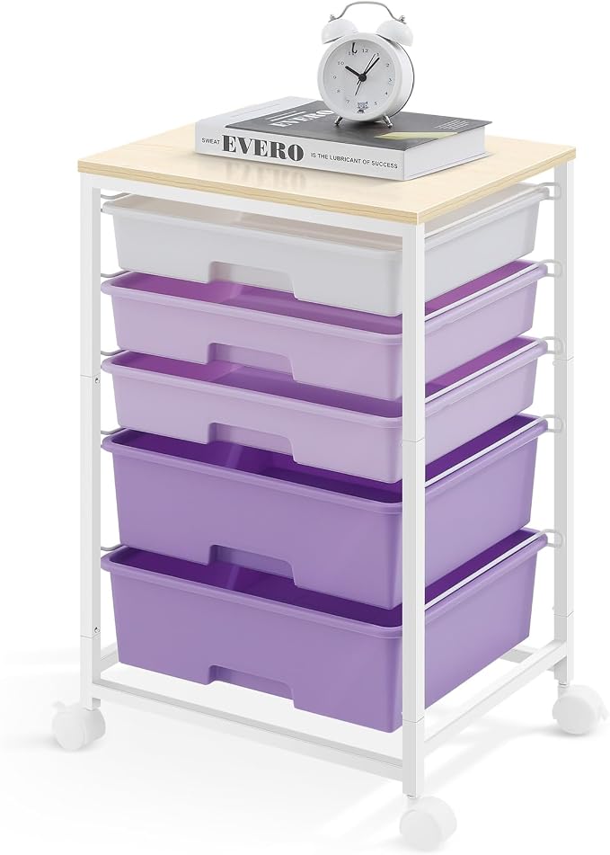 SYKIARIOL Utility Cart with 5 Drawers with Wooden Top,Purple | 5-Tiers Storage Cart with Drawers with Lockable Wheels for Craft Organizers and Storage,Home Office,Classroom,Dorm ,Playroom by SYKIARIOL