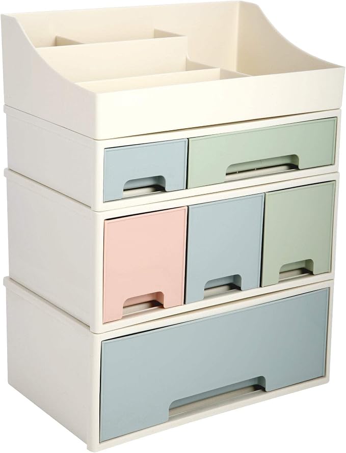 Makeup Organizer, Cosmetic Storage Box, ROSELIFE [TAEF-04] Desktop Stationery, Remote Control Storage Box, Kitchen Spices Organizer Box, 4 Pieces 6 Drawers, 5 Slots, Blue, Pink and Green Assortment - Image 7
