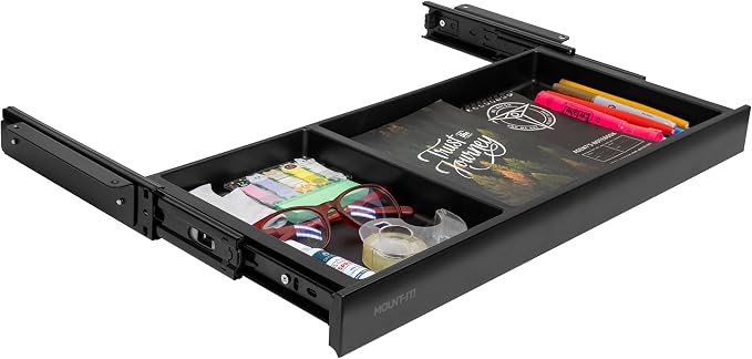 Mount-It! Under Desk Drawer Organizer with 2 Compartments, Shallow Low-Profile Slide-Out Desk Tray, 20.7″ x 8.9″ x 1.8″, Pull-Out Pencil Drawer for Traditional & Standing Desks - Black by Mount-It