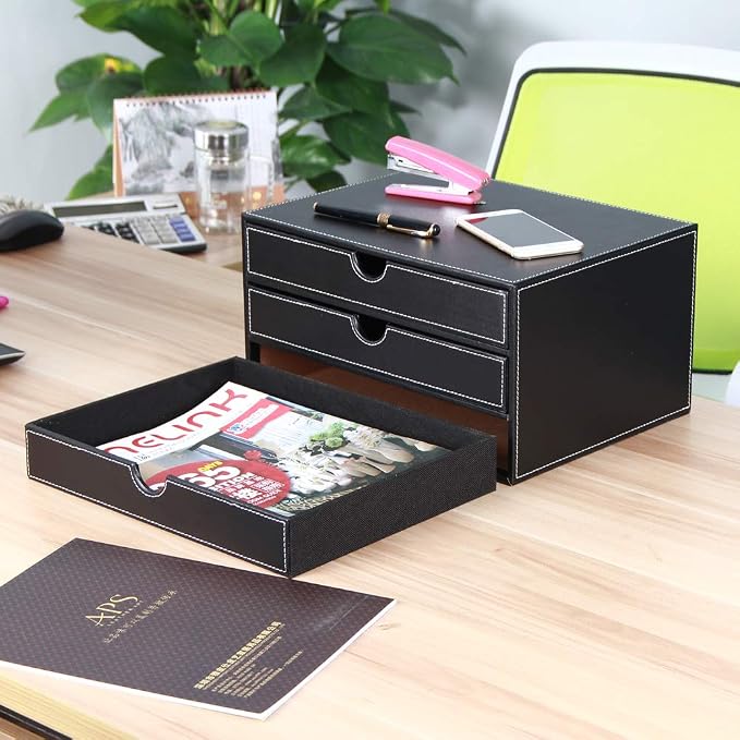 High-end PU Leather Desk Organizer File Cabinet Executive Office Supplies Desktop Filing A4 File Cabinet Stackable Storage Organizer Box with 3 Drawers (Black)… - Image 4