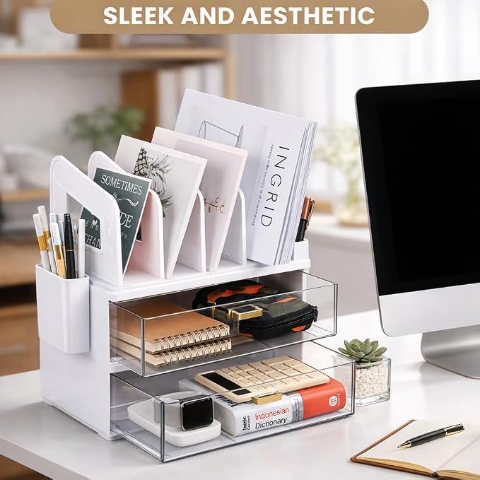 LALOBLUE Acrylic Desk Organizer with Drawer and Vertical File Holder, Desk Organizers and Accessories, Multi-Functional Office Supplies Organizer for Home or Work Desk, White - Image 4