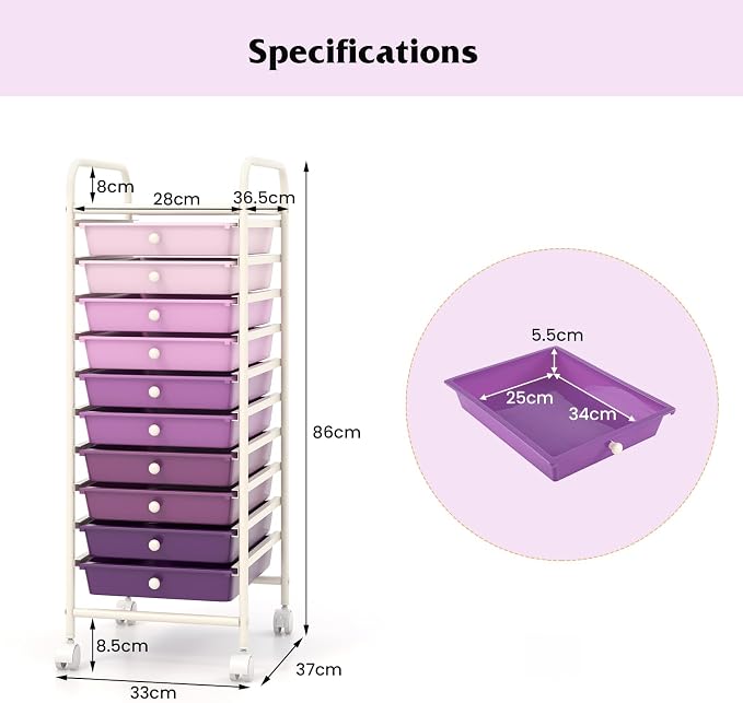 Storage Cart, Rolling Utility Cart with 10 Drawers, Portable Handles & Lockable Wheels, Mobile Paper Toys Storage Organizer Large Capacity for Home Office School Teacher (Purple Gradient) - Image 9