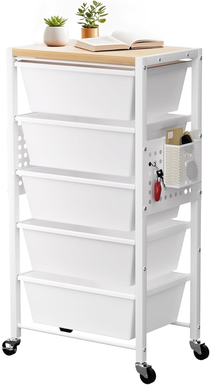 Rolling Cart with 5 Drawers, Plastic Drawer Storage Carts with Wheels & Wooden Tabletop, Metal Utility Cart with Pegboards, Office Living Room Classroom Craft Organization and Storage, Bright White by TimeForest