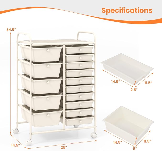 Giantex 15 Drawers Rolling Cart, Classroom Organizers, Storage Cart with Wheels, for Teacher Office Home School Supplies Tool Craft Art Paper - Image 3