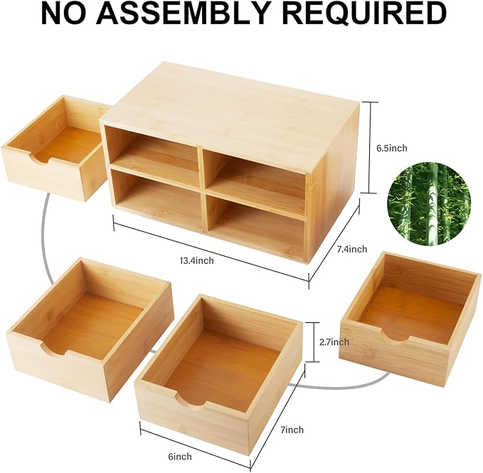 Bamboo Desk Organizer 4 Drawers, Countertop Organizer with Drawers Makeup Storage Drawer 4 Drawers Tabletop Storage Organization Box Home Office Workspace - Image 3
