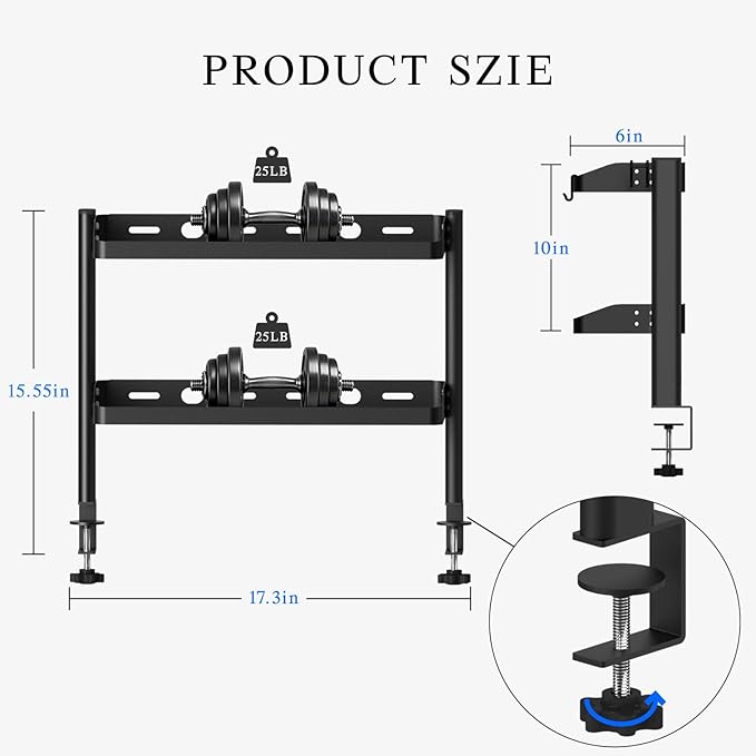 Clamp on Desk Shelf, 17in 2-Tier Office Desk Shelves Organizer, Small Shelf for Top of Desk with Headphone Holder and Hooks, Desktop Storage Rack for Home Workspace, Study Rooms, Gaming Accessories - Image 3