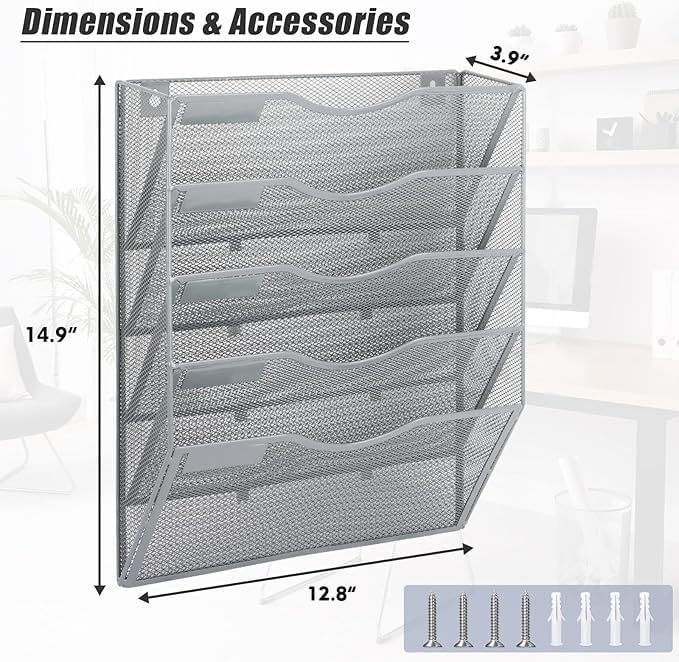 5 Pocket Mesh Hanging Wall File Organizer, Wall Mounted Mail Paper Document Folder Holder, Clipboard Storage Organization Magazine Rack with Nametag Label for Office Home School, Gray - Image 4