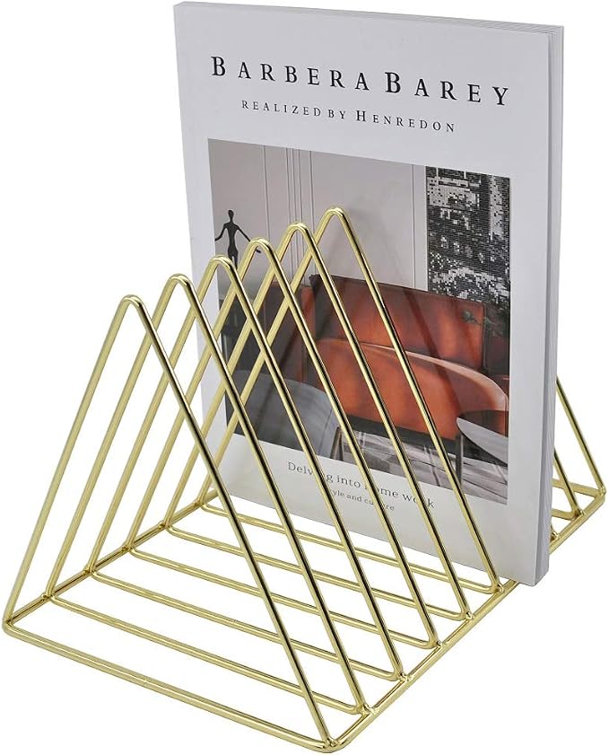 Gold File Holder Organizer, Triangle Record Album Holder Magazine Wire Rack, 9 Slot Multifunction Desktop Storage Decor for Home Office by EASEPRES