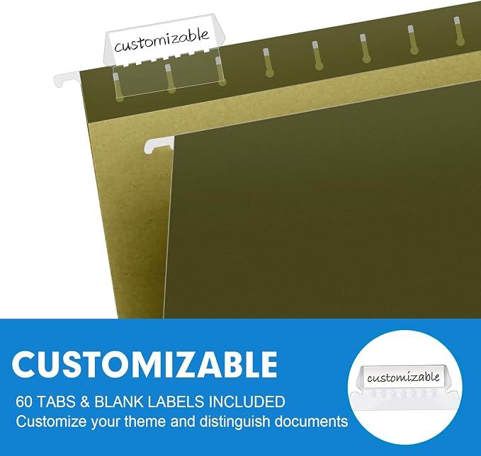 Extra Capacity Hanging File Folders, RAZCC 60 Pack Letter Size Reinforced Hanging Folders with Heavy Duty 1 Inch Expansion for Bulky Files, Filing Cabinet, Adjustable Tabs, Green - Image 6