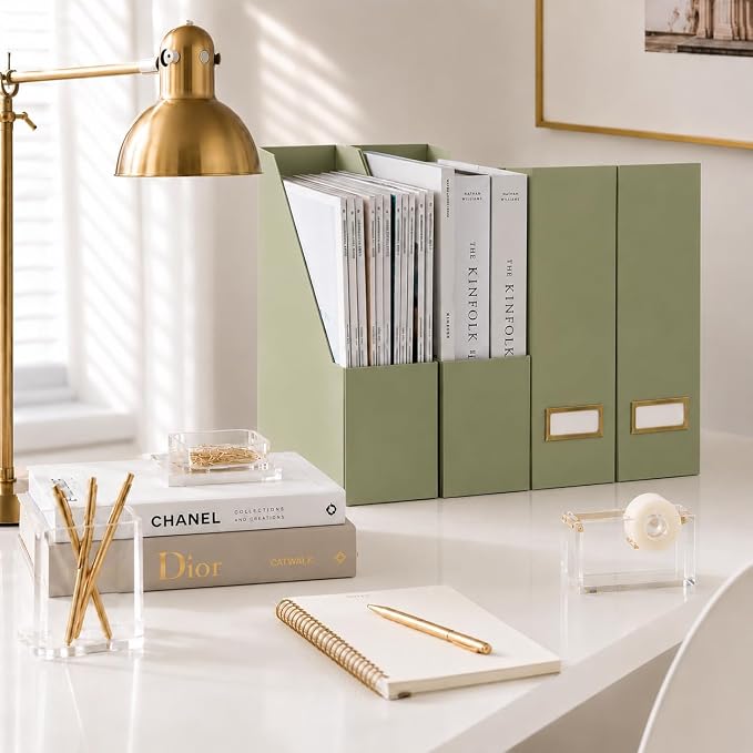 BLU MONACO | Set of 6 Foldable Magazine File Holders in Earth Green | Heavy-Duty Vertical File Organizers with Label Holders | Desk Organizer Set for Paperwork, Documents & Office Storage - Image 9