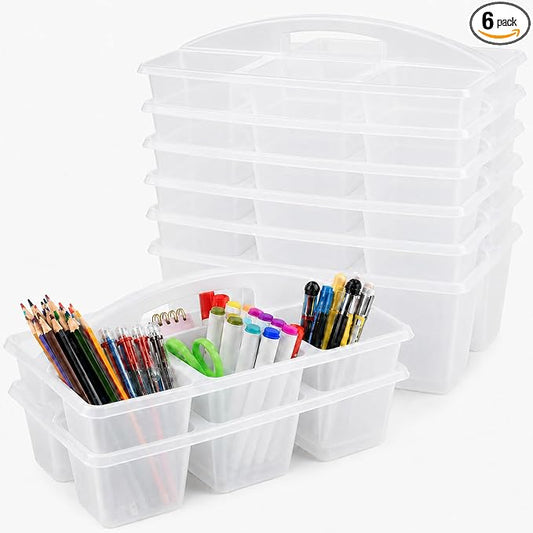 6 Pack Assorted Colors 6 Compartment Classroom Caddy with Handle Portable Plastic Storage Classroom Caddies Organizer for Classrooms Supply Teacher Office Table Desk(Clear) by Yakydesign