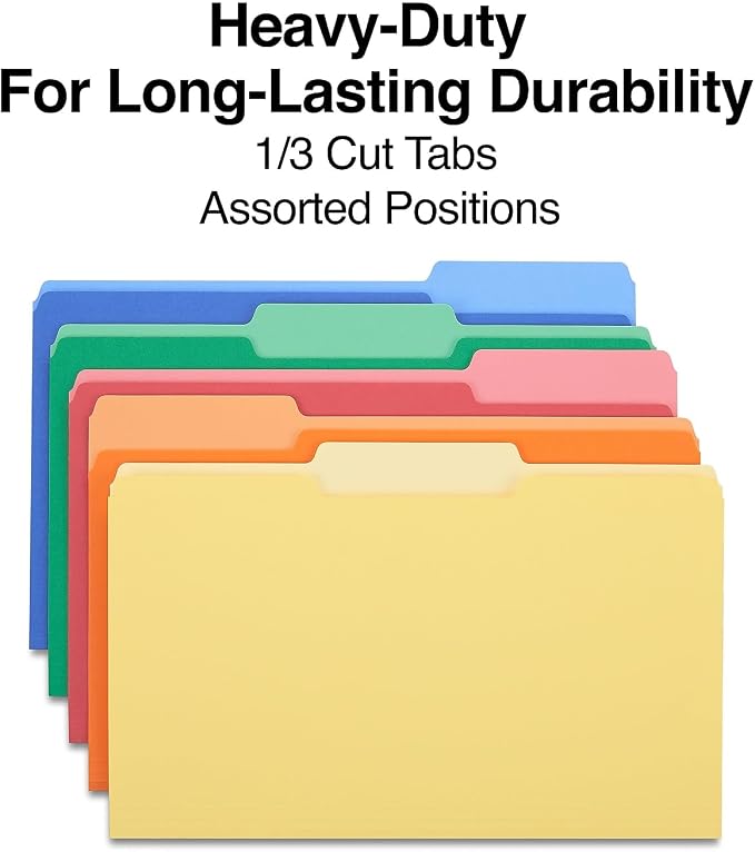 Staples Heavyweight File Folders, Legal Size, 3‑Tab, Assorted Colors, Durable Paper Stock, 50/Box - Image 3
