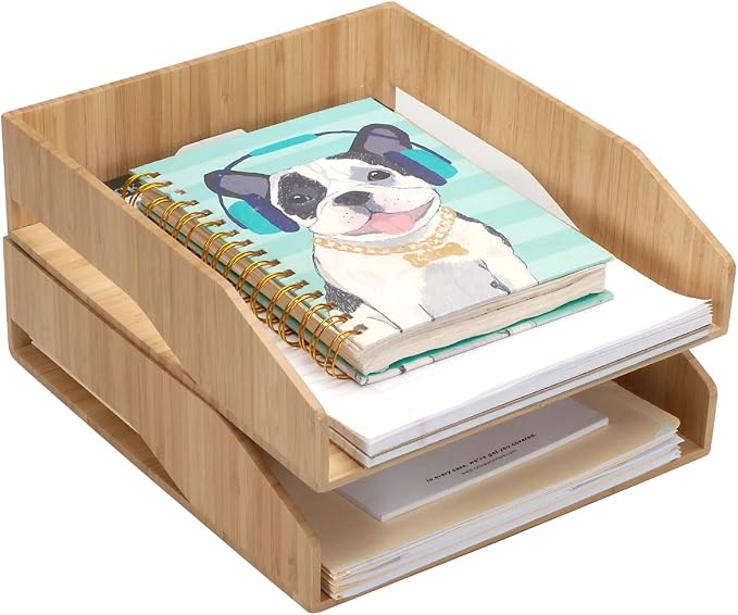 MobileVision 2 Pack Stackable Bamboo Paper Tray Office Organizer for Files, Documents, Letter Sorter, Envelopes and Magazine Holder - Image 5
