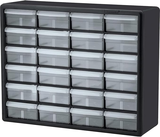 Akro-Mils 24-Drawer Plastic Storage Cabinet, 20" W x 6" D x 16" H, Black | Plastic Cabinet w/ Drawers for Garage Organization, Beads, Building Bricks Storage, Teacher Toolbox, Makeup Organizer, 10124 by Akro-Mils