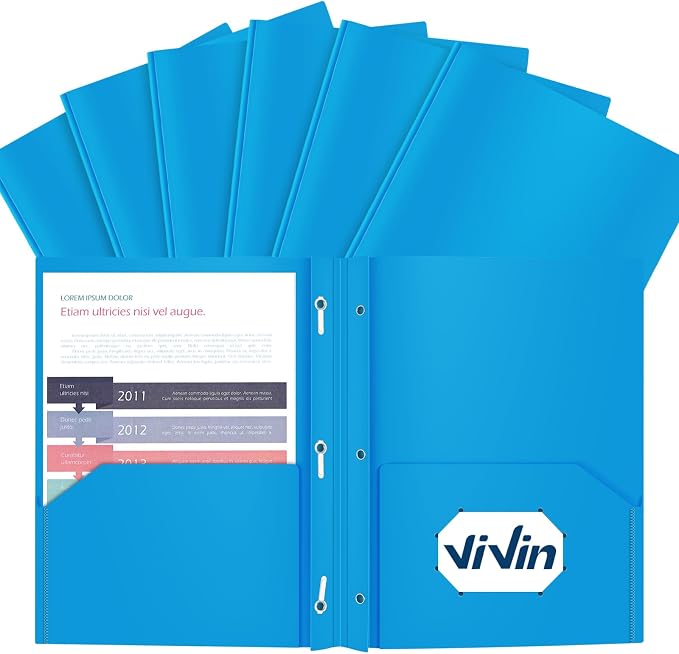 ViVin 12 Pack Plastic Folders with Pockets and Prongs, Heavy Duty 2 Pocket Folders with 3-Prong Fasteners, Poly File Holds 8-1/2" x 11" Paper for School Office Home (Sky Blue) by ViVin