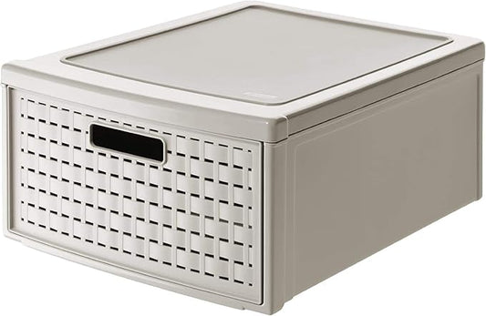 Rotho, Country, Drawer box 19.2 l in rattan-look, Plastic (PP) BPA-free, cappuccino, groß/19,2l (45,0 x 34,0 x 20,0 cm) | Large 45x34x20 cm stackable organizer for bathroom & kitchen, washable BPA-free PP material, made in Switzerland by Rotho