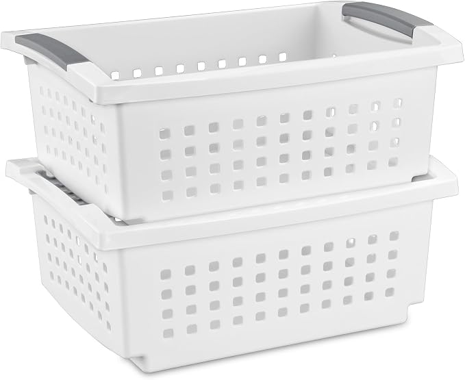 Sterilite 12 Pack Medium Stacking Basket, Open Top Storage Bin with Handles, White - Ideal for Home Closets, Kitchens, or Office Organization - Image 6