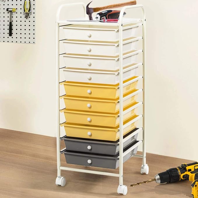 Giantex 10 Drawer Rolling Storage Cart Scrapbook Paper Office School Organizer (Beige+Yellow+Grey) - Image 2