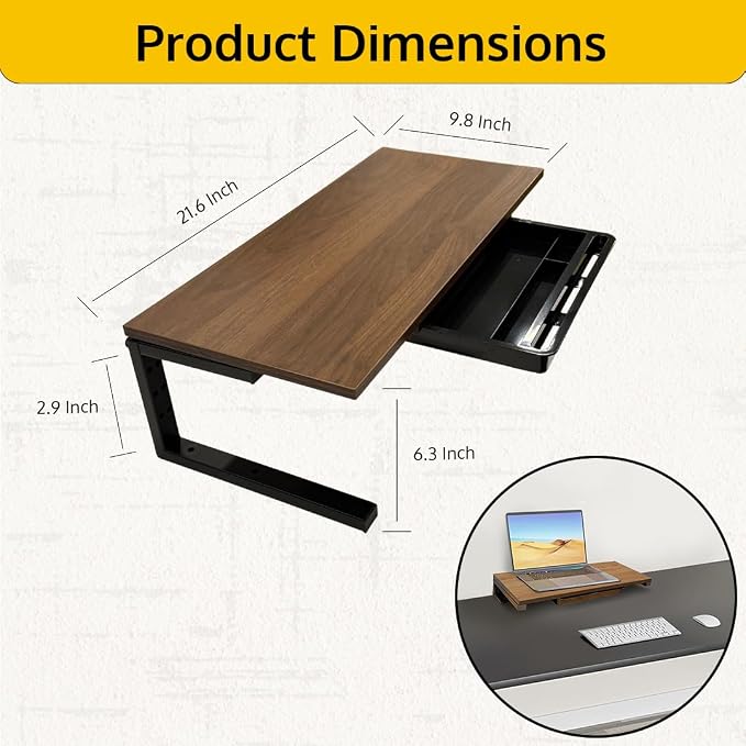 *Test* Ergonomic Clamp-On Laptop and Computer Monitor Riser Stand with Drawer, 21.6 x 9.8 inch - Dark Brown|Laptop Stand for Desk, Monitor Riser, Desk Organizer, Office Desk Home Workspace - Image 3