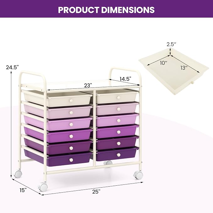 Giantex 12 Drawers Rolling Cart, Mobile Storage Drawer Cart, Classroom Organizer Cart for Office School Supplies Tools Scrapbook Paper Craft Small Printer, Utility Cart on Wheels, Purple Gradient - Image 3