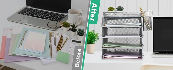 EXERZ Paper Trays Stackable 6pcs including 4 x Sorters, 1 x Top Tray,1 x Side Basket - Metal Desk Organiser/File Holder - Office, School - Image 6