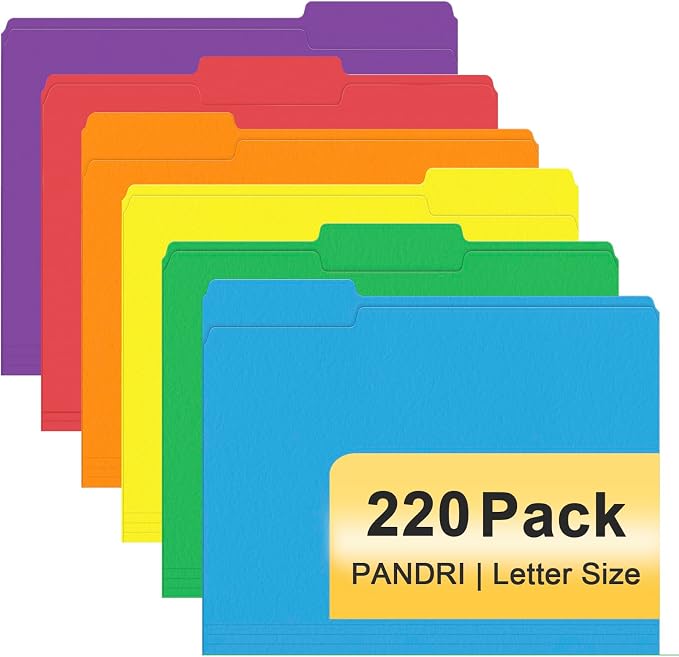 File Folder, PANDRI 220 Pack Colored File Folder, 1/3 Cut Tabs, Letter Size, Assorted 6 Colors Filing Folder for Office School Business by PANDRI