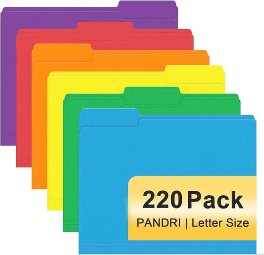 File Folder, PANDRI 220 Pack Colored File Folder, 1/3 Cut Tabs, Letter Size, Assorted 6 Colors Filing Folder for Office School Business by PANDRI
