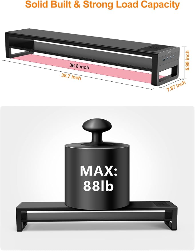 2 Tiers Dual Monitor Stand with Auto Charging Pad, 4 USB 3.0 Hub Ports, Double Monitor Riser, Metal Desk Stand with Storage, Long Screen Raiser for 2 Monitors/PC/Laptop/Computer Space Saver Organizer - Image 7