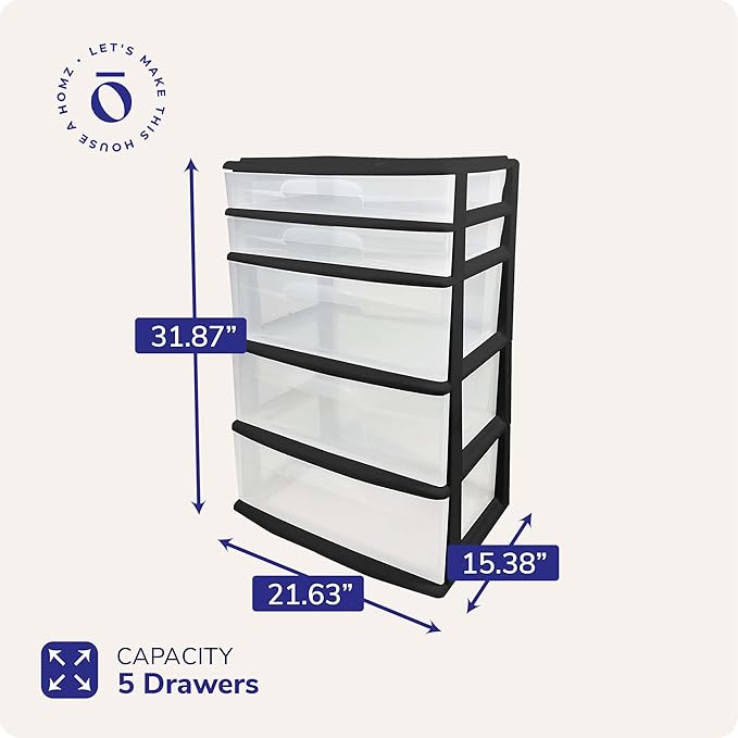 HOMZ Drawer Tower, 5-Tier Storage Organizer Unit, Black Frame | Extra-Wide Plastic Organizer with Clear Bin Drawers for Bedroom, Bathroom, Home Office, and Dorm Rooms - Image 2