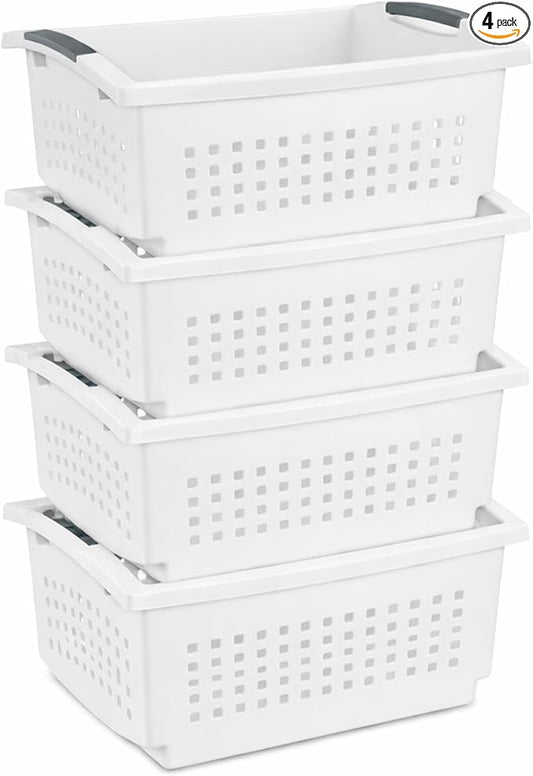 Sterilite 4 Pack Large Stacking Basket, Open Top Storage Bin with Handles, White - Ideal for Home Closets, Kitchens, or Office Organization by Sterilite