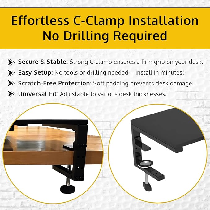 Ergonomic Clamp-On Laptop and Computer Monitor Riser Stand with Drawer, 21.6 x 9.8 inch - Black |Laptop Stand for Desk, Monitor Riser, Desk Organizer, Office Desk Home Workspace - Image 5