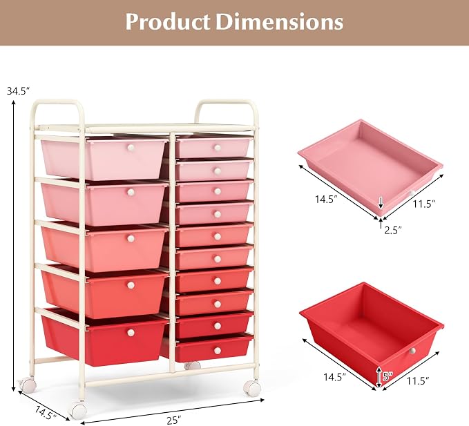 DORTALA 15-Drawer Rolling Storage Cart with Drawers, Rolling Utility Cart w/Removable Drawers & Universal Wheels, Tools Scrapbook Paper Organizer for School, Office, Home, Classroom (Gradient Pink) - Image 3