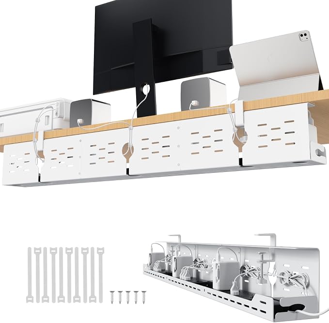 Univivi Under Desk Cable Management Tray, Cable Management, 48 inch, White | Durable Steel Material, Cord Organizer with No-Drill C-Clamp and Screw Mount, Effortless Wire Management for Office/Home by Univivi
