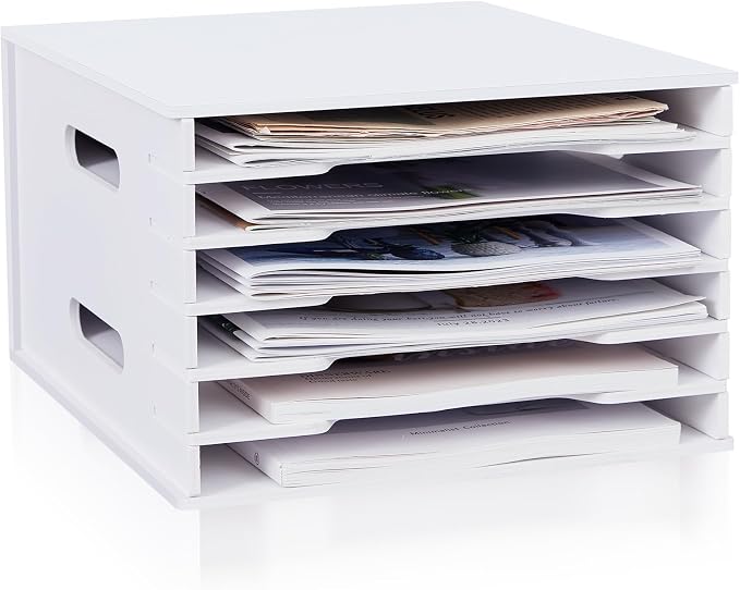 6 Tier 8.5" x 11" Scrapbook Paper Organizer, White Cardstock File Organizer with Adjustable Shelves, Stackable Paper Trays, Desktop Storage Rack Document Holder for Desk Home Office by Juexica