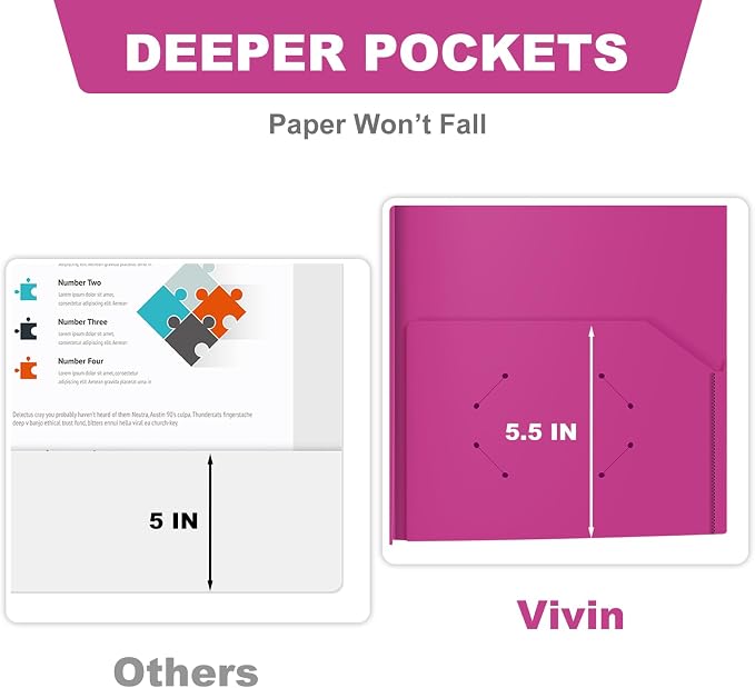 ViVin 12 Pack Plastic Folders with Pockets and Prongs, Heavy Duty 2 Pocket Folders with 3-Prong Fasteners, Poly File Holds 8-1/2" x 11" Paper for School Office Home (Purple) - Image 4