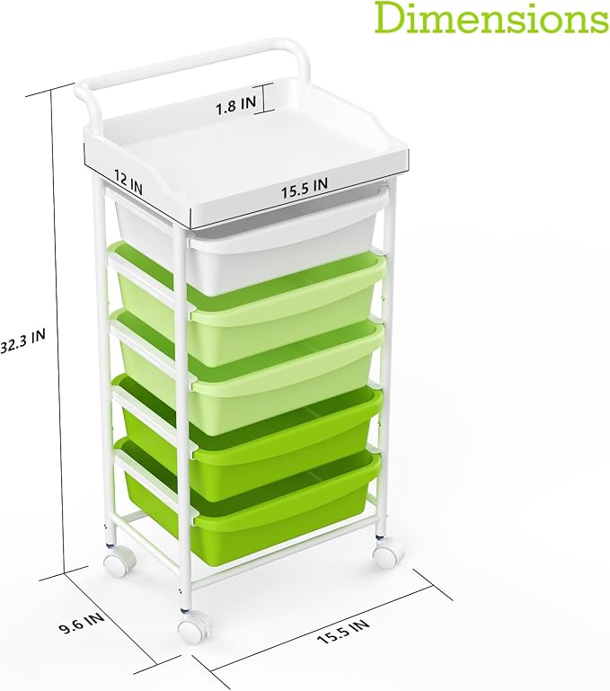 5 Drawers Plastic Rolling Storage Cart with Wheels, Teacher Supply | Green, 32 inch, Skinny, Craft Art Organizer, Utility Cart, Home Office Bedroom Dorm Classroom Supply - Image 3