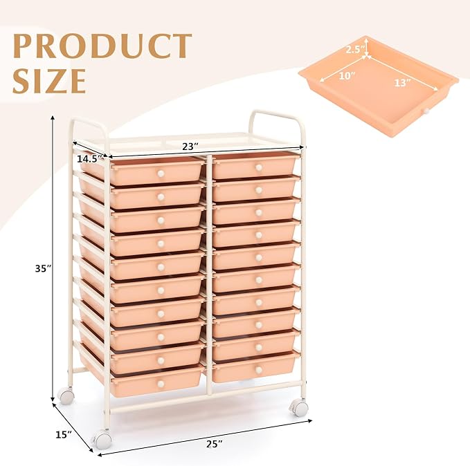 GOFLAME 20-Drawer Rolling Storage Cart, Multifunctional Art Craft Organizer Cart, Mobile Utility Storage Cart with Removable Drawers & Lockable Wheels, Craft Cart for Home Office, Peach Fuzz - Image 3