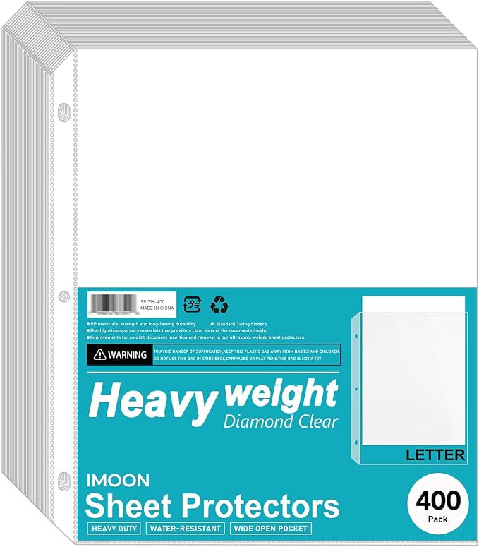 Heavyweight 3-Hole Letter Size Sheet Protectors - High Transparency Plastic Heavy Duty Sleeves for 3 Ring Binders, Archival Safe, Durable Page Protectors for Documents, 8.5x11 Inch (400 Pack) by Unknown