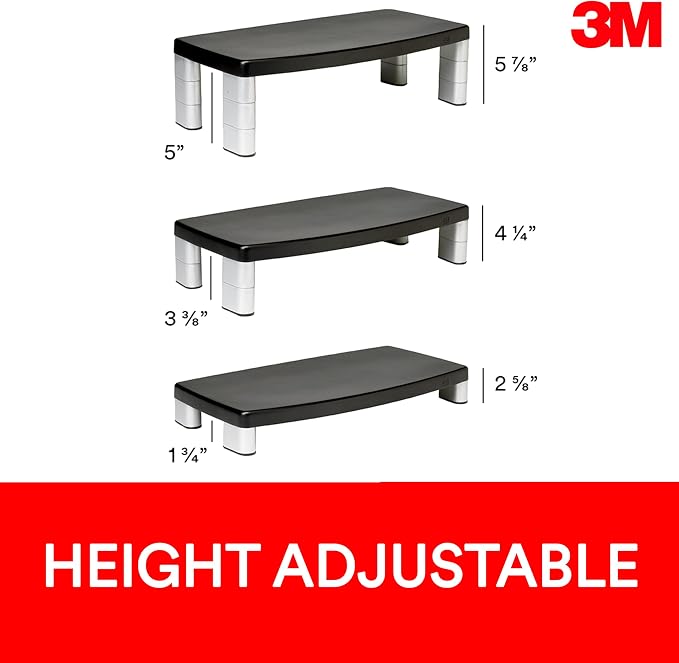 3M Extra Wide Adjustable Computer Monitor Stand, 20 in x 12 in | Height Adjustable Monitor Riser For Desk, Office, Home With Underneath Storage Space, No Skid - Image 3