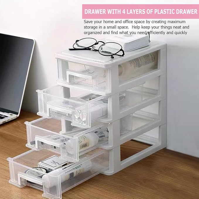 4 Tier Plastic Drawer Type Closet,Portable Storage Cabinet Sundries Storage Cosmetics Jewelry Storage Box for Home Office（White） - Image 4