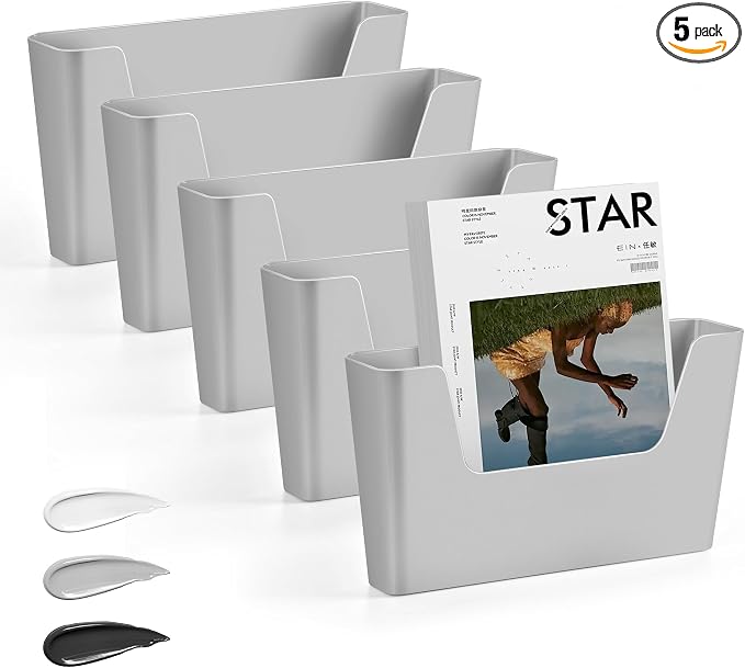 JOMOLA No Drilling File Holder 5 Pack Mail Organizer Wall Mount File Organizer Holder Office Wall Hanging Files Magazines Organizer Plastic Door Mount Wall Pocket with Adhesive Pad, Grey Color by JOMOLA