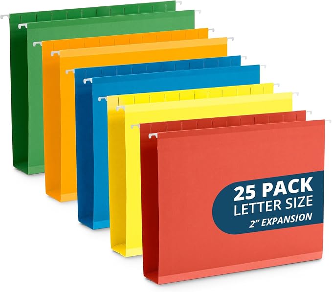 Blue Summit Supplies 25 Extra Capacity Hanging File Folders, Letter Size, 2 Inch Expansion, Wide, Reinforced 12pt Paper, Assorted Colors by BlueSummitSupplies