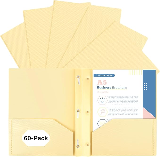 60-Pack Plastic andPockets and Prongs,2-Pocket and3 Fasteners, Pastel Folders Holds 8-1/2" x 11" Paper for School/Office/Home, Yellow by EEHZTSIOFFICE